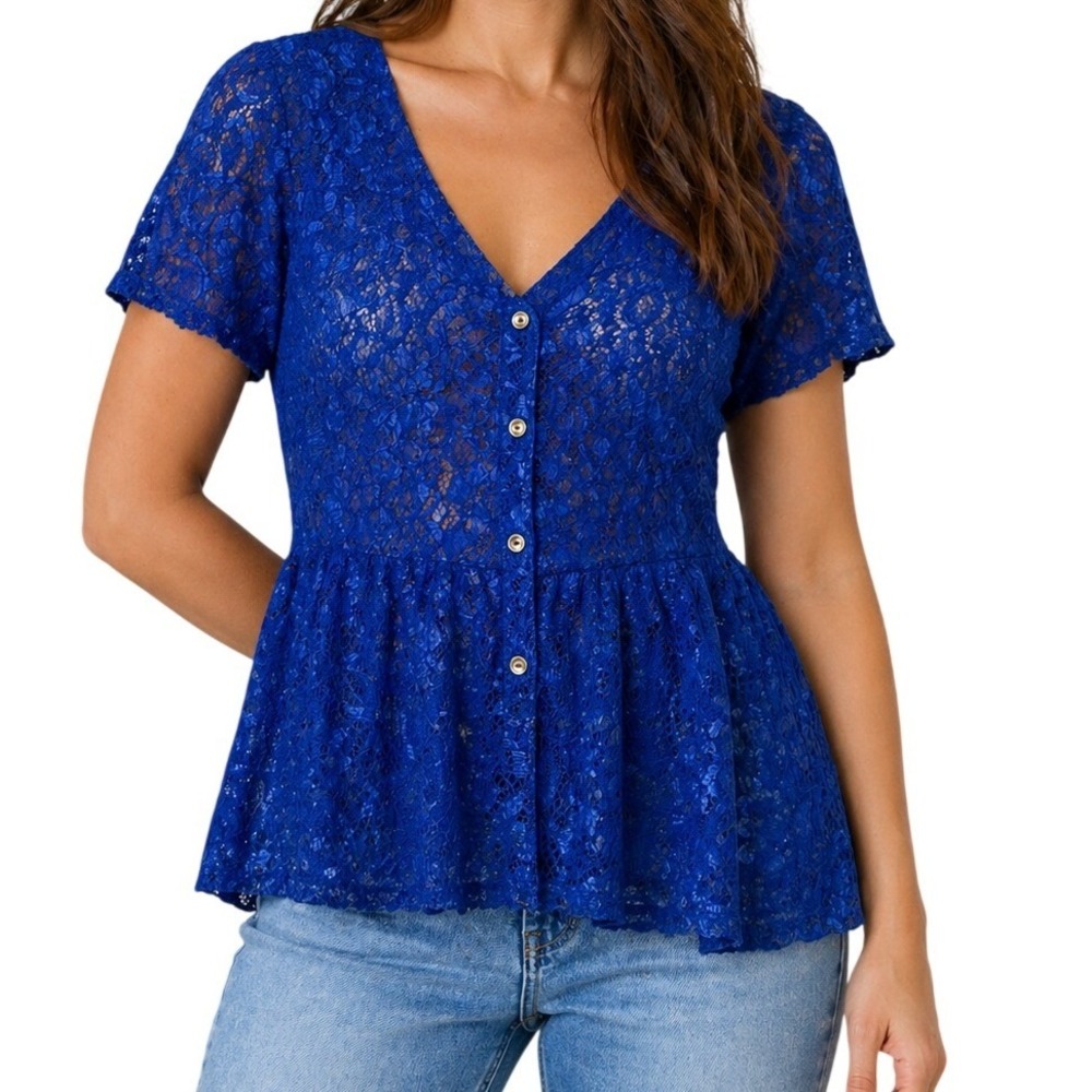 *NWT*‎ Miami Top Women Large Blue Lace Button Front Peplum V-Neck Metallic